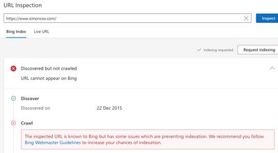 Bing Webmaster tools URL Inspection for www.simoncox.com showing Discovered but not crawled.