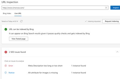 Bing Webmaster tools URL Inspection - live url tab showing thet URL can be indexed by Bing