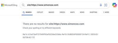 Bing Search using the site: parameter for site:simoncox.com showing that there were no results.