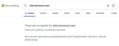 Bing Search using the site: parameter for site:simoncox.com showing that there were still no results.