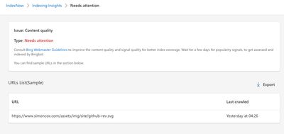 Bing Webmaster tools IndexNow tool Indexing Insights - needs attention section. Issue Content Quality.