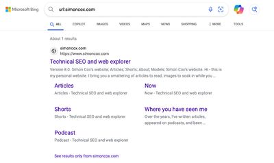 Bing SERP page for URL:simoncox.com showing the home opage listed and five sections as sublistings with descriptions of each!