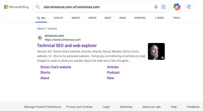 Bing SERP page for site:simoncox.com URL:simoncox.com which is similar to the last image with five sub section titles bit no descriptions but does have a longer meta description and shows the favicon