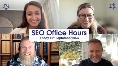 Splash screen for SEO Office Hours on Friday 12th September 2025 with Yagmur Simsek, Emma Russell SImon Cox and Michael Chidzey