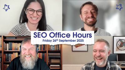 Splash screen for SEO Office Hours on Friday 26th September 2025 with Bengü Sarıca Dinçer, Geoff Meakin, SImon Cox and Michael Chidzey