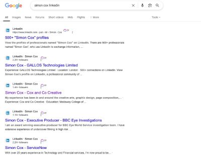Google SERP for the query Simon Cox Linkedin showing all Linkedin results.