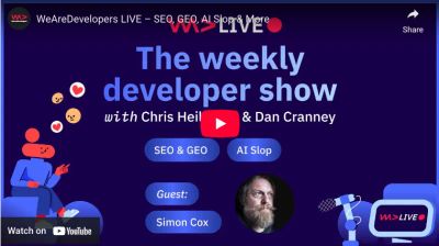 Video splash screen for WeAreDevelopers Live webcast with Simon Cox as guest